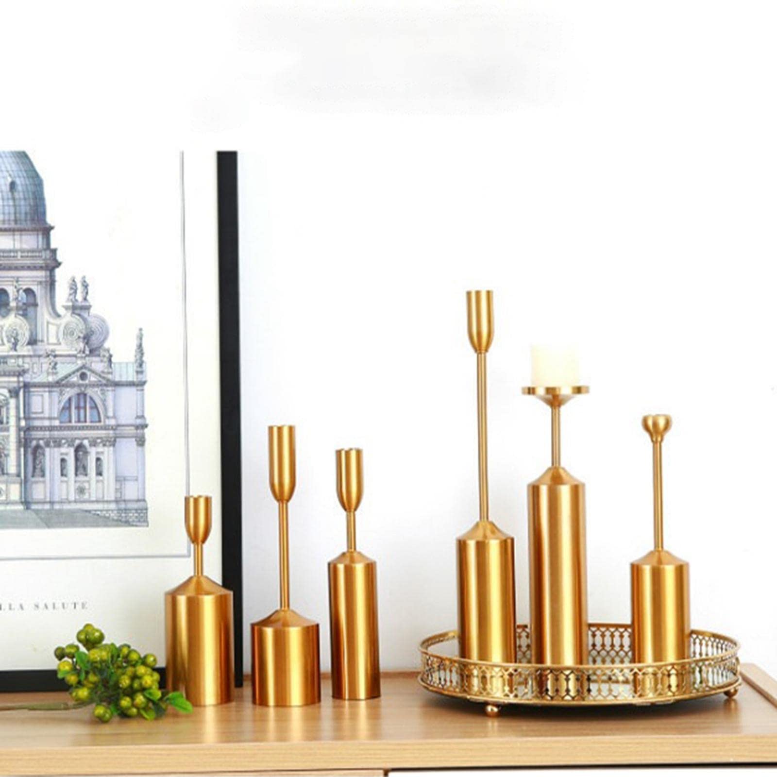 Portavelas Decorativos de Aluminio Dorado Juegos de Candelabros para Velas Cónicas Diseño Elegante Y Anticorrosivo Adecuado para Regalos, Juego de 6, Individual