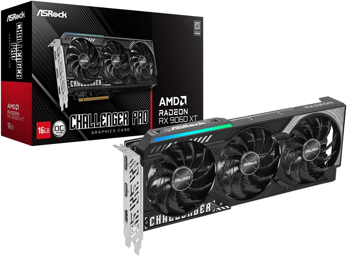 Radeon RX 9060 XT Challenger Pro 16GB OC Graphics Card, RDNA 4, 3290MHz Boost, 16GB GDDR6 128-bit, PCIe 5.0, Triple Fan, 0dB Silent, LED Switch