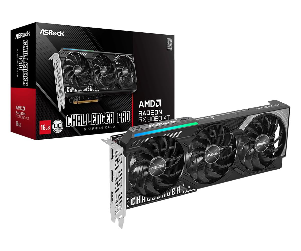 Radeon RX 9060 XT Challenger Pro 16GB OC Graphics Card, RDNA 4, 3290MHz Boost, 16GB GDDR6 128-bit, PCIe 5.0, Triple Fan, 0dB Silent, LED Switch