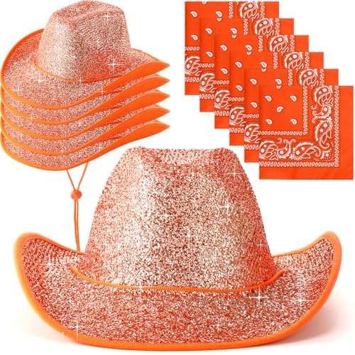 Coume 12 Pcs Sparkly Adults Cowboy Hat and Bandanas Women Men Western Glitter Cowgirl Party Hats with Adjustable Drawstring(Burnt Orange Chunky Glitter)