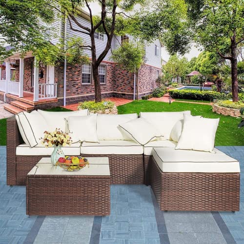 DKLGG 5 Pieces Outdoor Patio Furniture Sets, Manual Weaving Wicker Patio Conversation Sets, Outdoor Couch All-Weather PE Rattan Sectional Sofa Sets with Cushion and Glass Table, Beige DKLGG 5 Pieces Outdoor Patio Furniture Sets, Manual Weaving Wicker Patio Conversation Sets, Outdoor Couch All-Weather PE Rattan Sectional Sofa Sets with Cushion and Glass Table, Beige