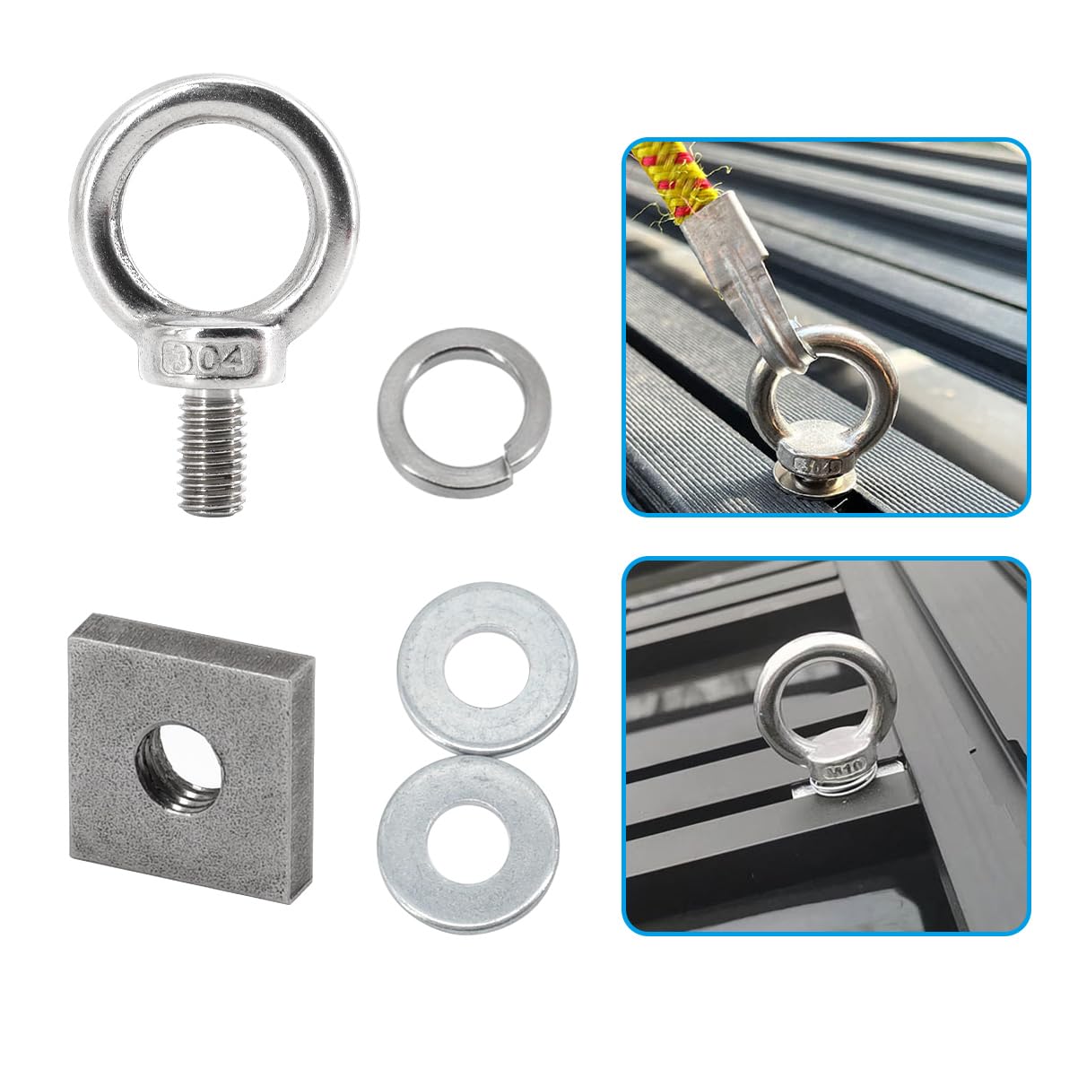 6 Pack M6 T Track Mount Tie Down Anchor for Roof Rack 304 Stainless Steel M8 Ring Shaped Lifting Eye Screw Bolt with Waser and Square Nut