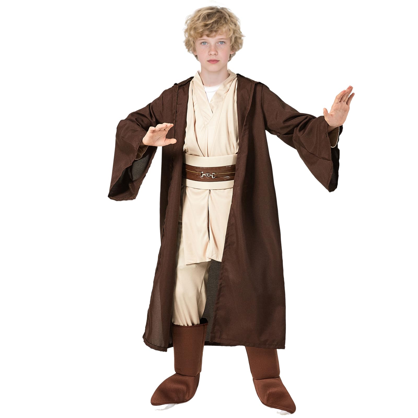 shyhand Knight Costume Kids Robe Knight Fancy Dress 4Pcs Tunic Hooded Cape Pants Belt Child Cosplay for Halloween (Brown, Medium)