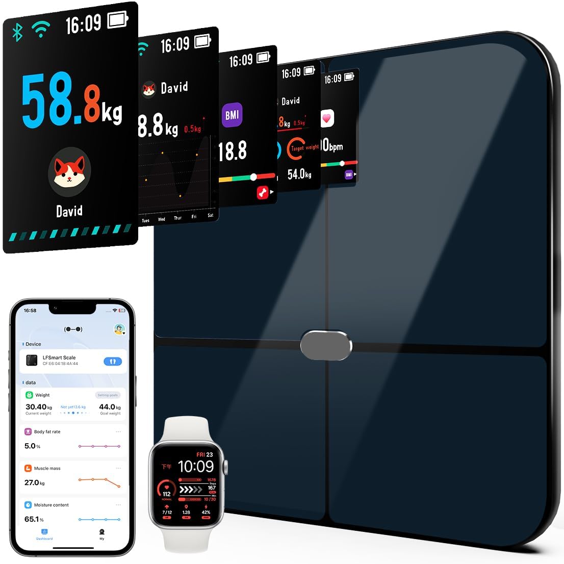 DEKABR Bilancia intelligente WiFi per peso corporeo e percentuale di grasso, bilancia digitale da bagno più accurata con display TFT più grande, 24 analizzatori di composizione corporea, monitor di