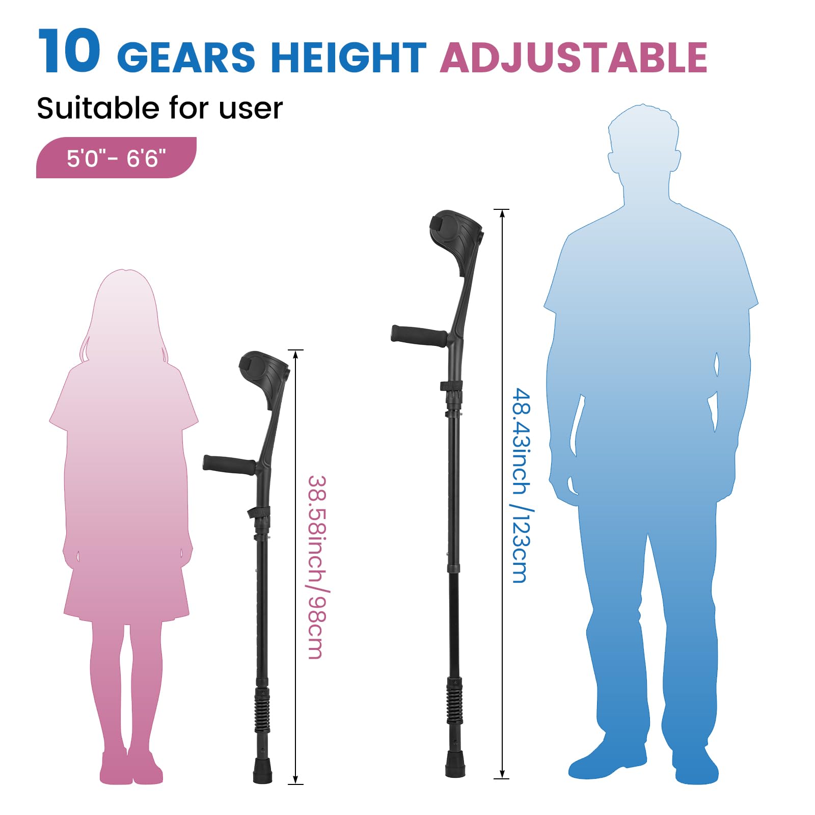 Muletas ergonómicas para antebrazo, muletas de asistencia de resorte para adultos, cómodas y ajustables en altura, antebrazo con base antideslizante, muletas para caminar con puños, no un par