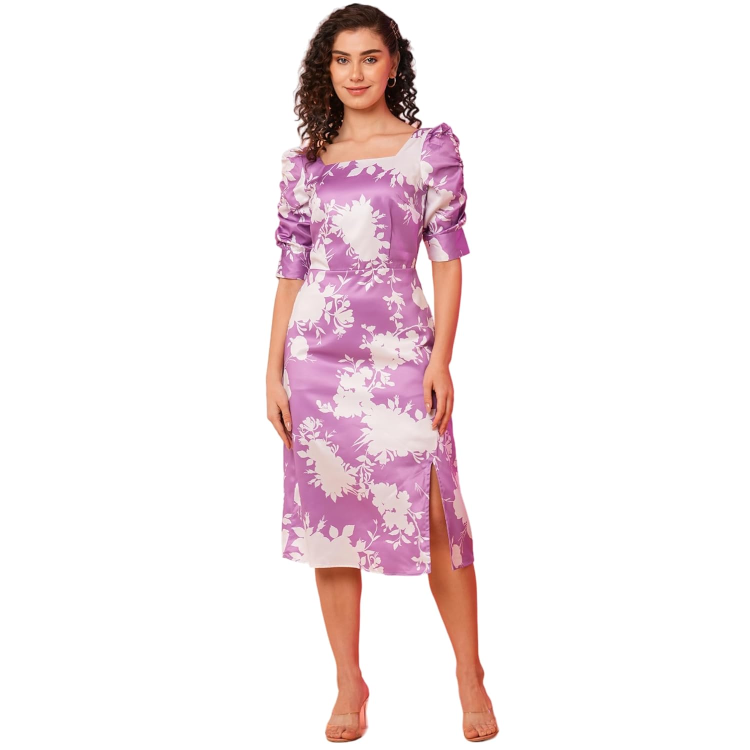 Globus Women Lavender Floral Printed Square Neck Puff Sleeves Smocked A-Line Midi Dress