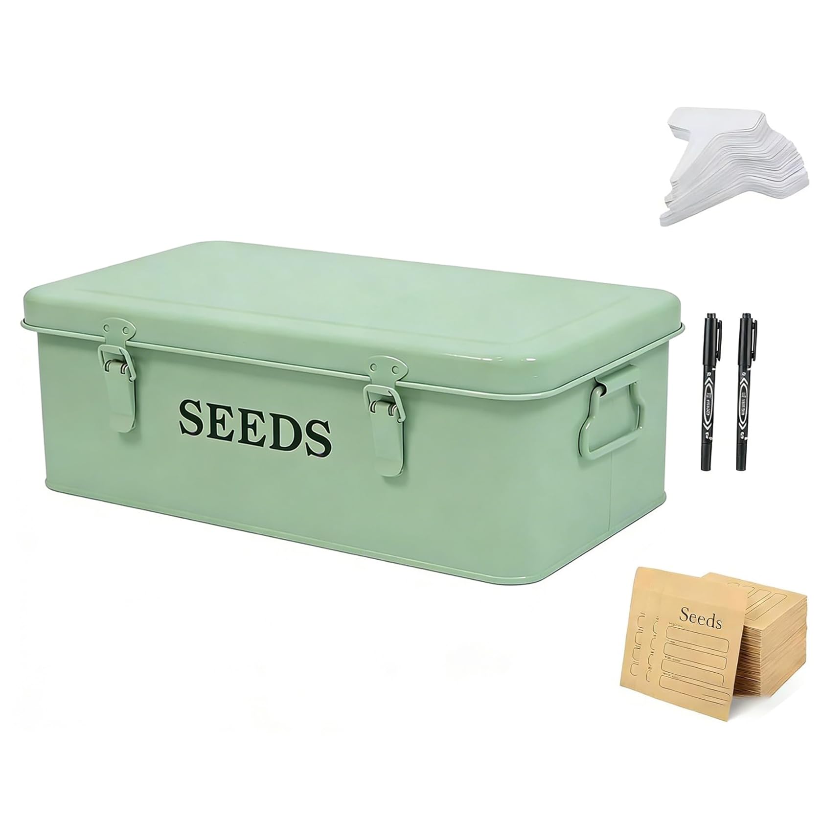 Boîte Graines Métal Verte 33 x 18 x 13 cm avec Étiquettes pour Jardin Box