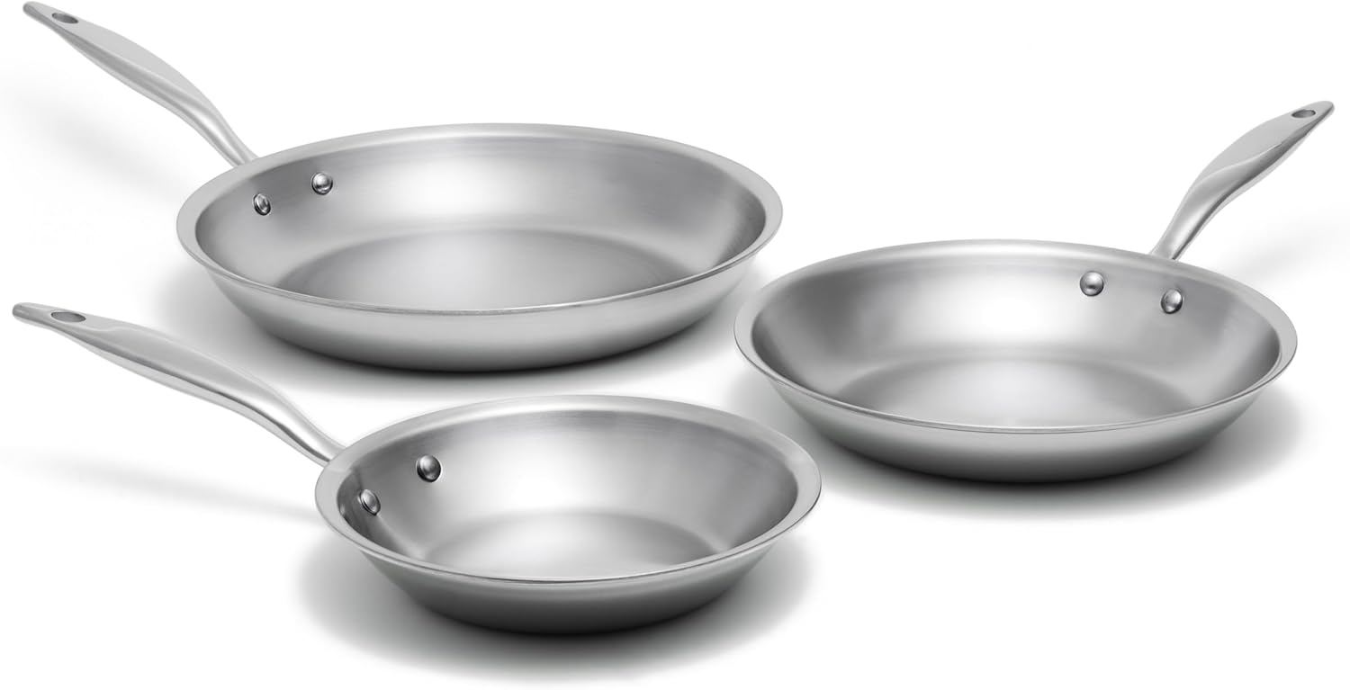 Heritage Steel 3 Piece Fry Pan Set | Made In USA | Titanium Series | 316Ti Skillet with Stay Cool Handle | Fully Clad Stainless Steel Pan with 5-Ply Construction | Induction Ready & Non Toxic