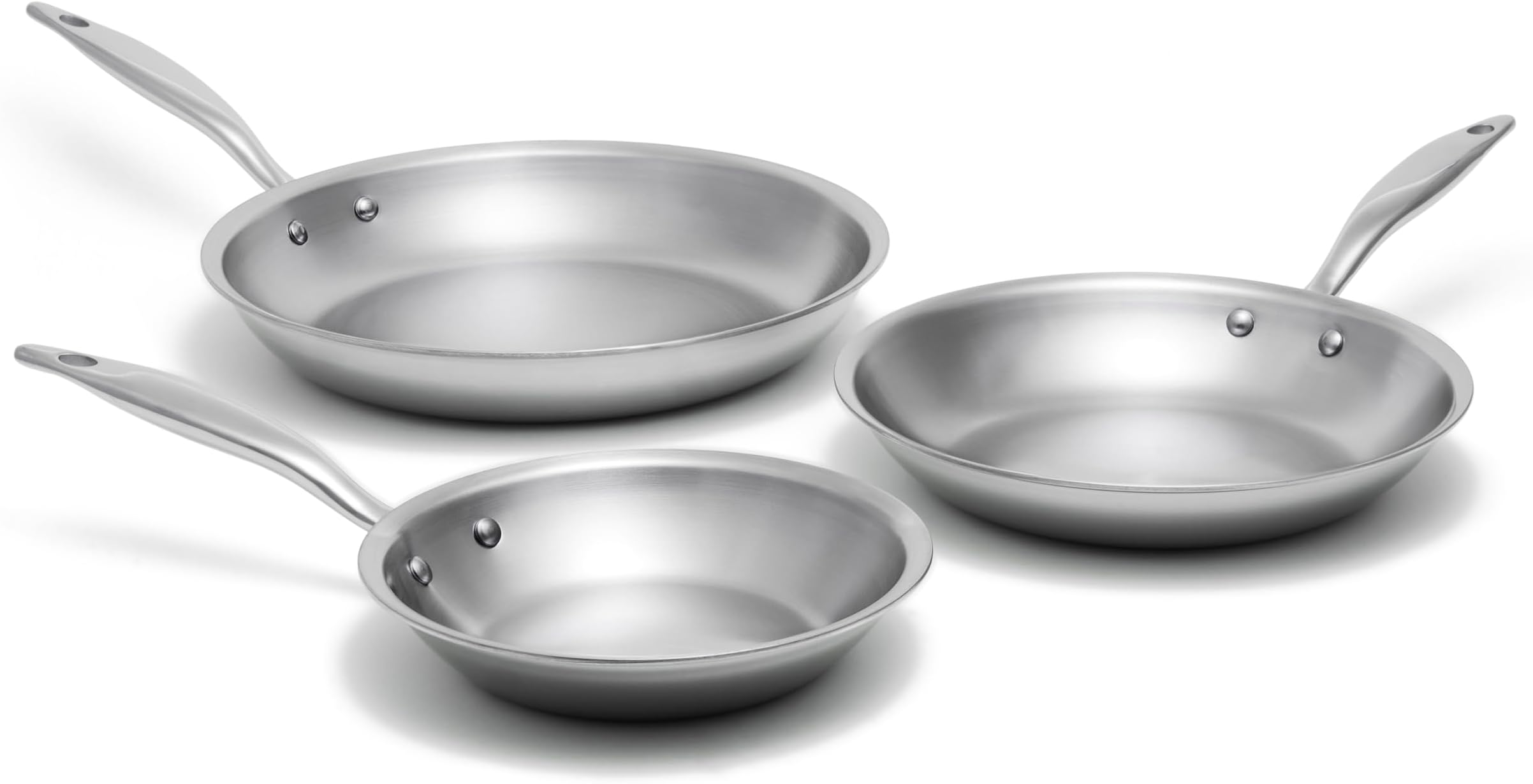 Heritage Steel 3 Piece Fry Pan Set | Made In USA | Titanium Series | 316Ti Skillet with Stay Cool Handle | Fully Clad Stainless Steel Pan with 5-Ply Construction | Induction Ready & Non Toxic