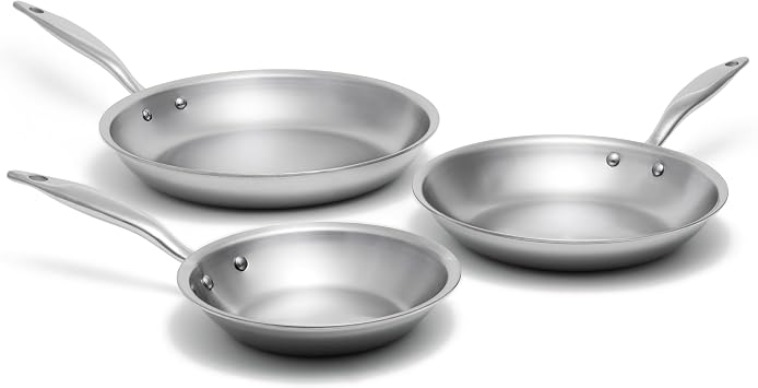 Heritage Steel 3 Piece Fry Pan Set | Made In USA | Titanium Series | 316Ti Skillet with Stay Cool Handle | Fully Clad Stainless Steel Pan with 5-Ply Construction | Induction Ready & Non Toxic