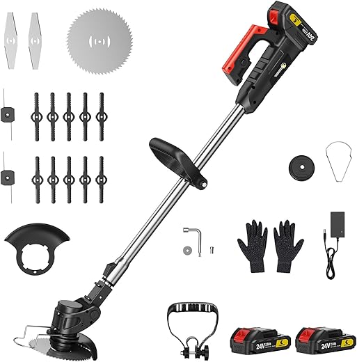 CONENTOOL 600W Akku Rasentrimmer mit 2X 2000mAh Akku, 24 V Rasenkantenschneider mit 3 Arten von Schneidklingen, 8500rpm/min Freischneider