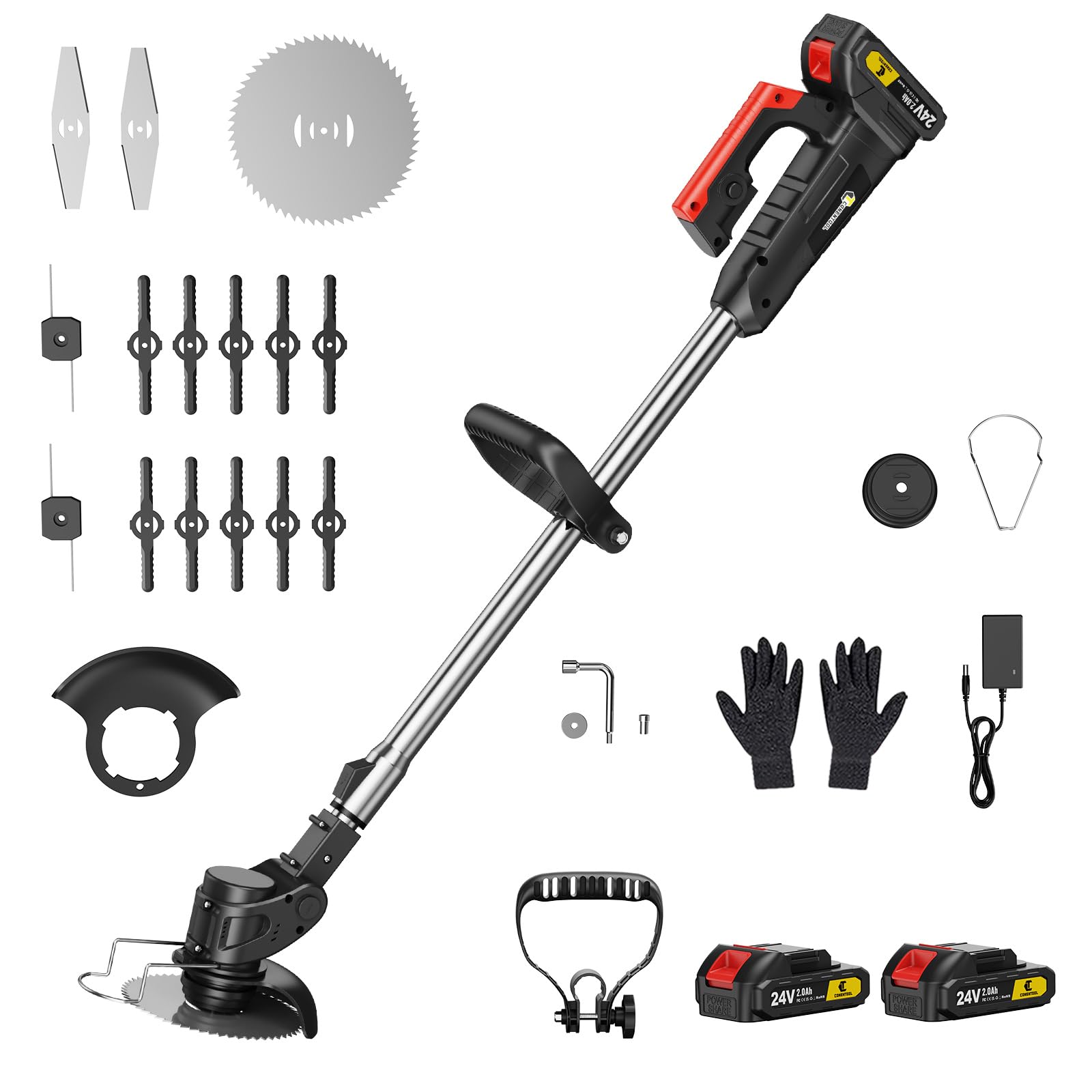 Akku Rasentrimmer Mit 2x Akkus Und Ladegerät, Akku Motorsense Rasentrimmer Rasen Mit 10x Metall Messer & 2x Kreissägeblatt & Teleskopstange, Akku Freischneider Für Rasenschneiden Und Garten
