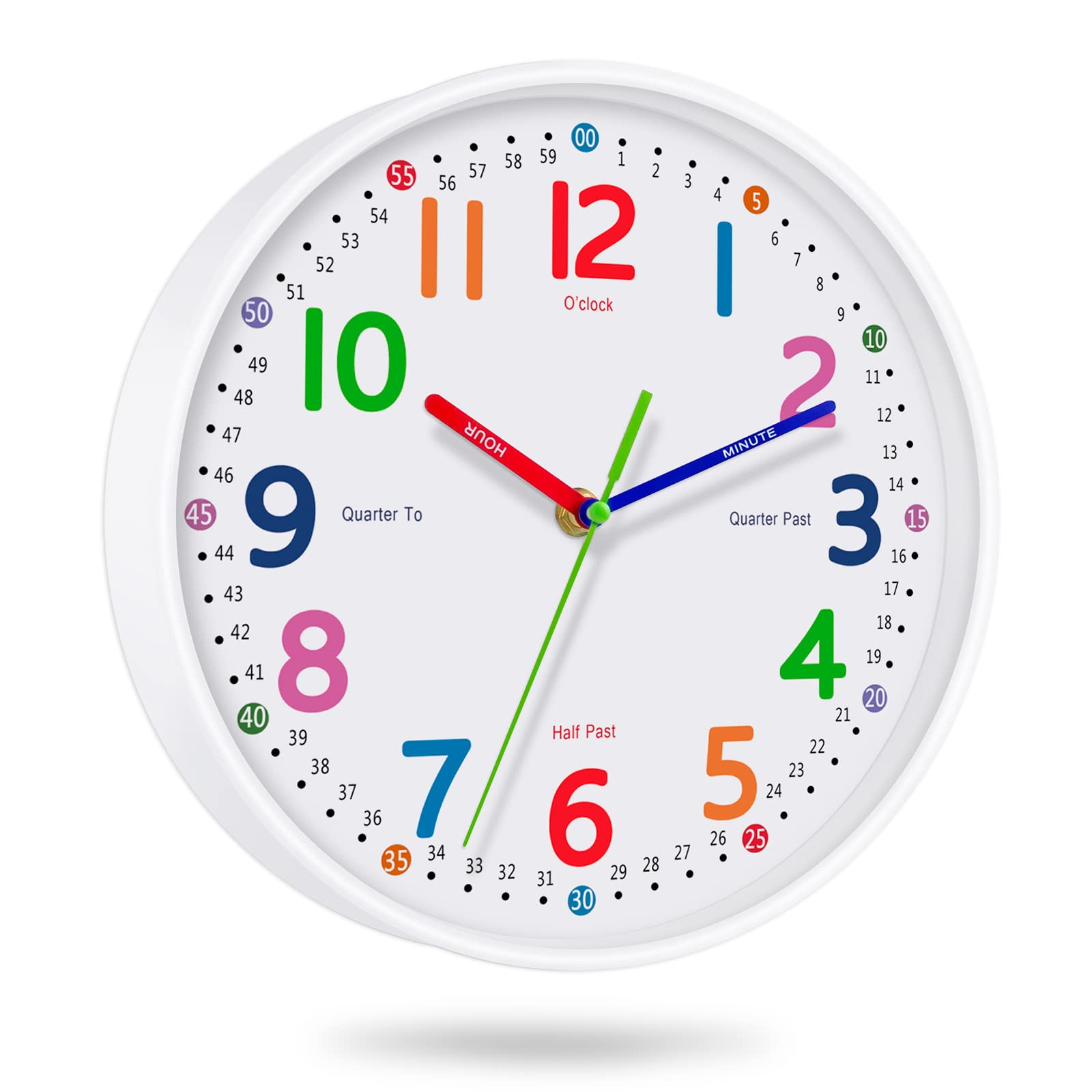 Kids Wall Clock: Telling Time Teaching Wall Clocks Silent Non-Ticking Clocks Battery Operated, Rustic Farmhouse Modern Clock Decorative for Kitchen Living Room Bedroom (White, 12 Inch)