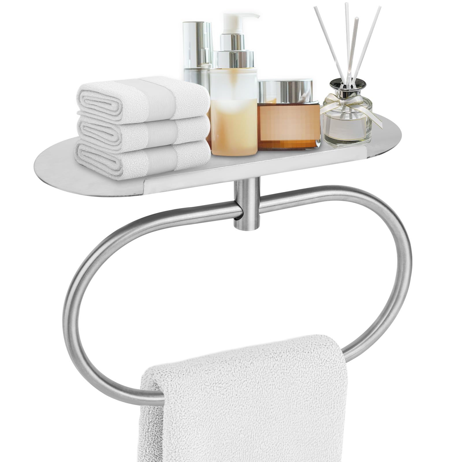Hand Towel Holder with Shelf, Oval Durable 304 Stainless Steel Adhesive Bathroom Towel Bar Stand Rack Hanger Wall Mounted Rings Practical Kitchen