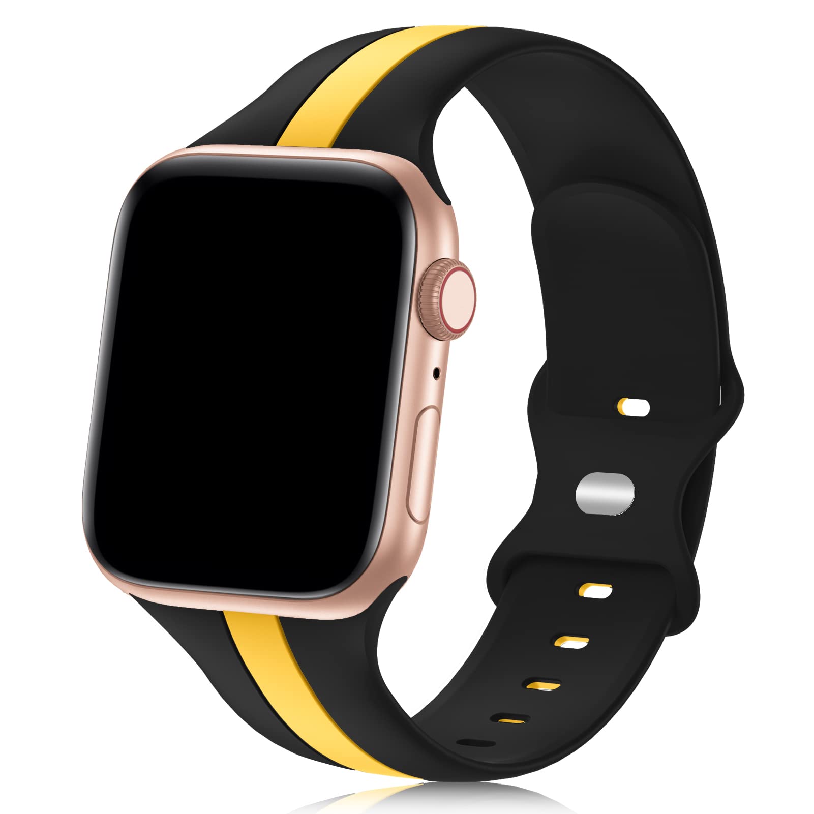 Seizehe Designer Sport Band Compatible with Apple Watch iWatch Bands 38mm 40mm 41mm 42mm 44mm 45mm 49mm Men Women, Soft Silicone Strap Wristbands for Apple Watch Series 11/10/9/8/7/6/5/4/3/2/1/se/Ultra (Black Yellow, 38/40/41/42mm(Series 11 10))