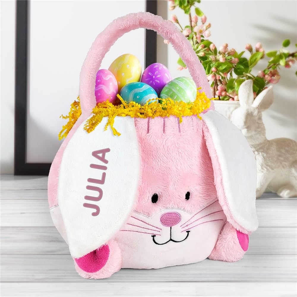 GiftsForYouNow Embroidered Fuzzy Pink Bunny Personalized Easter Basket, Plush Easter Basket for Little Girls, Easter Egg Hunt Tote, Perfect for Toys and Candy, 10