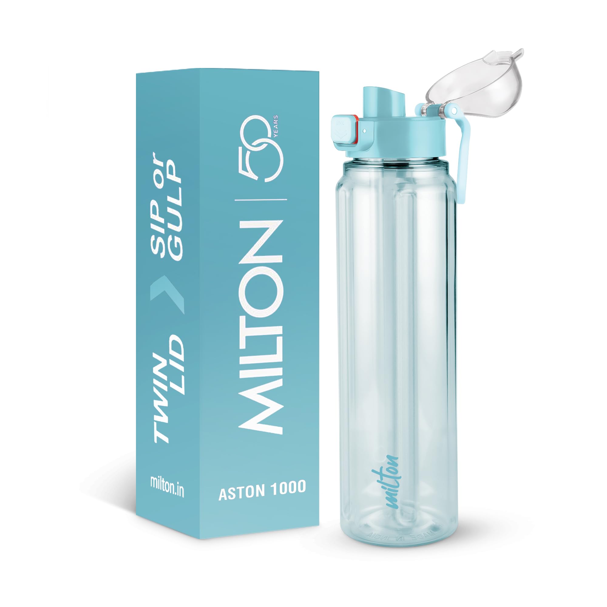 MILTON Aston 1000 BPA & BPS-Free Water Bottle 1 ltr | Food-Grade Plastic | One-Click Open | Leak-Proof | Sip & Gulp Lid I Ideal for Office, School, College, Gym, Blue