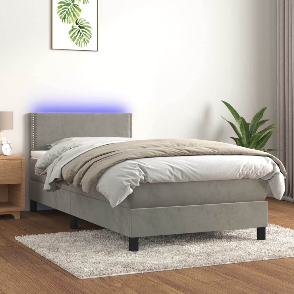 Cama con somier de 90 x 190 cm en gris claro con LED y colchón de muelles ensacados, aspecto de terciopelo ajustable, resistente y moderno, para habitaciones individuales juveniles y de