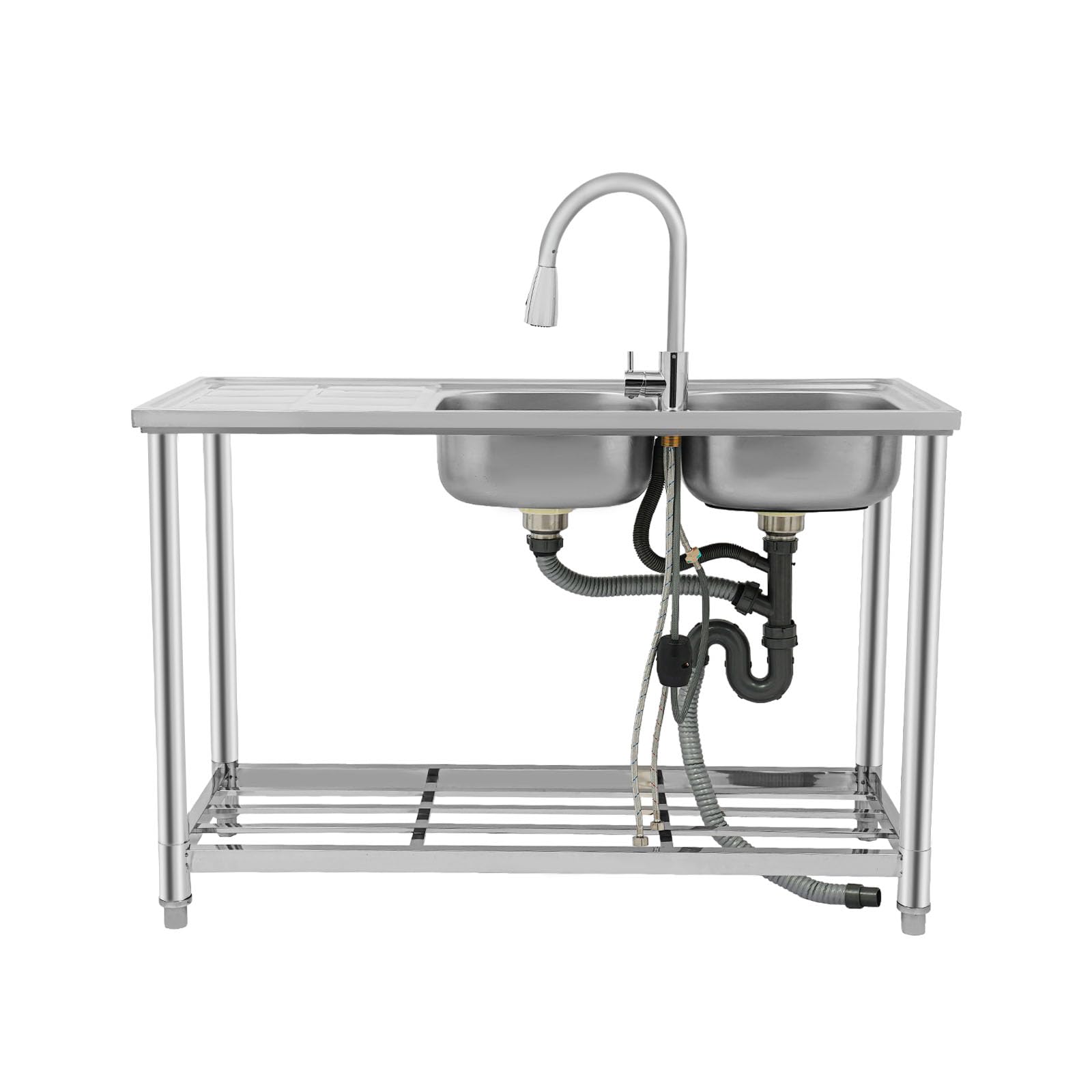 Fregadero de cocina independiente, 120 x 50 x 80 cm, de 2 cámaras, de acero inoxidable, con grifo extensible de 360 ° y lado de estante, patas ajustables para cocina, restaurante, garaje, plateado