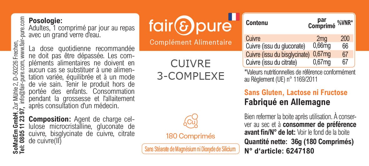 Fair & Pure Complesso di rame a 3 componenti, 180 compresse, 2 mg per compressa, facili da deglutire, integratore alimentare vegano senza additivi, prodotto in Germania
