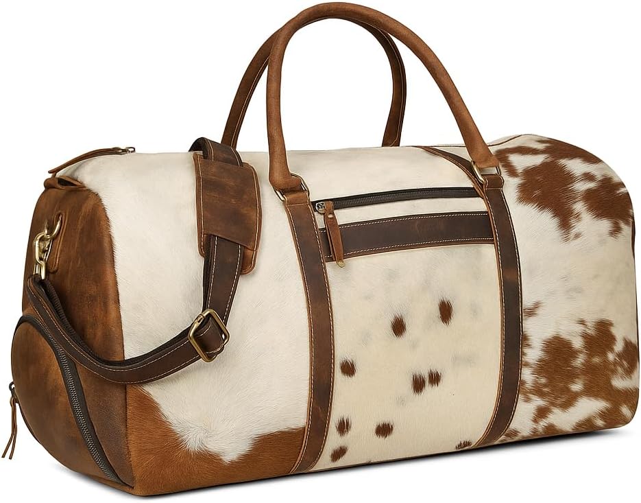 Leather Duffel Bag for Men & Women, Genuine Weekender Travel Bag, Handmade Overnight Gym Bag with Shoulder Strap, Carry-On for Business & Outdoor Travel (Hudson Hair Duffel, Brown & White, 22 Inch)