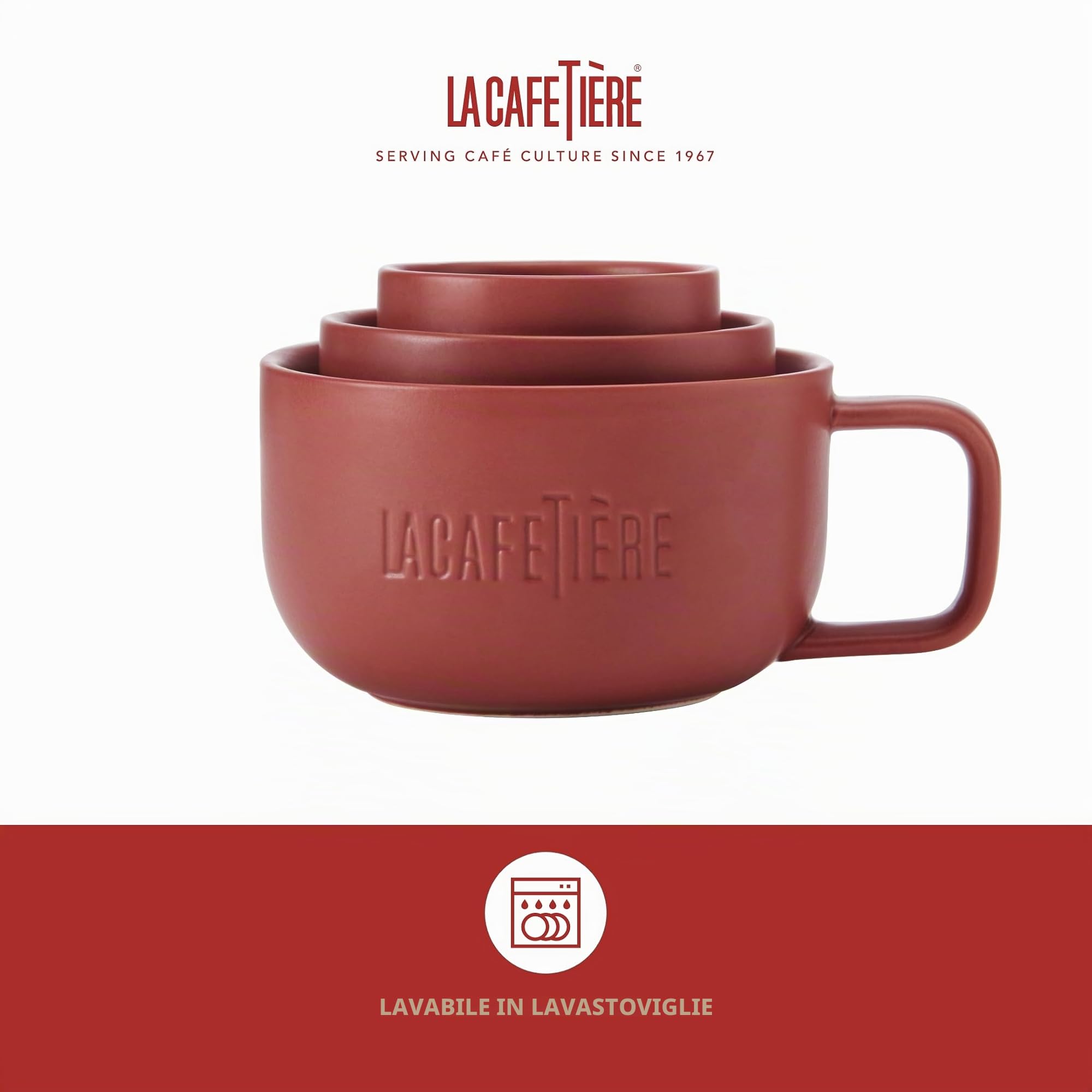 La Cafetière Set regalo di tazze per famiglie di amanti del caffè 3pc, con tazze impilabili da 38ml, 2ml e 1ml con manicotti in silicone per una facile presa, rosso