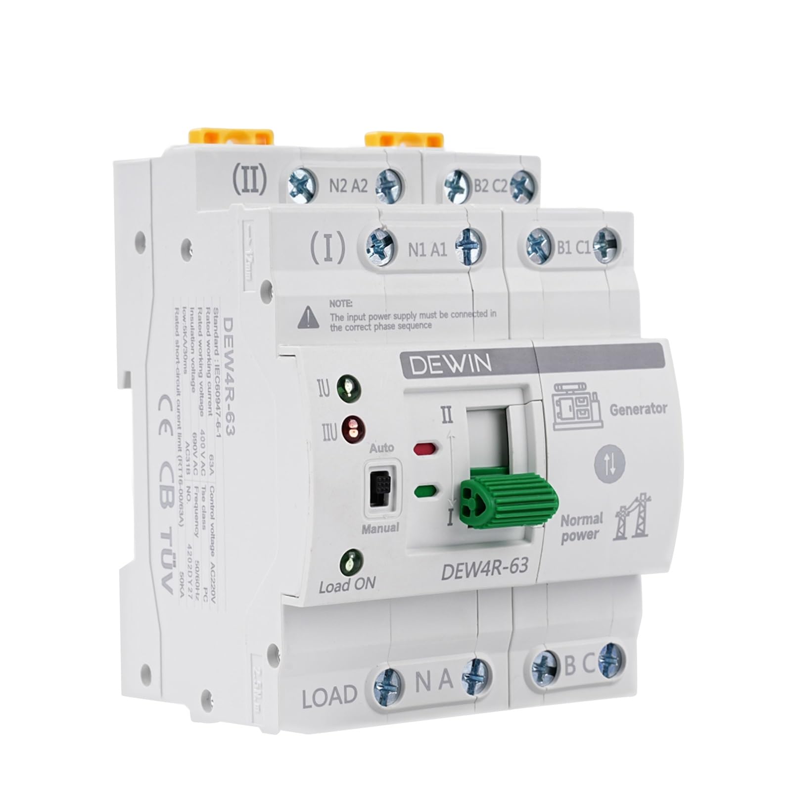 DEWIN Interruptor de Transferencia,4P 63A AC 400V Interruptor de Transferencia Automática ATS Conmutador de Transferencia Automática de Doble Potencia DEW4R-63