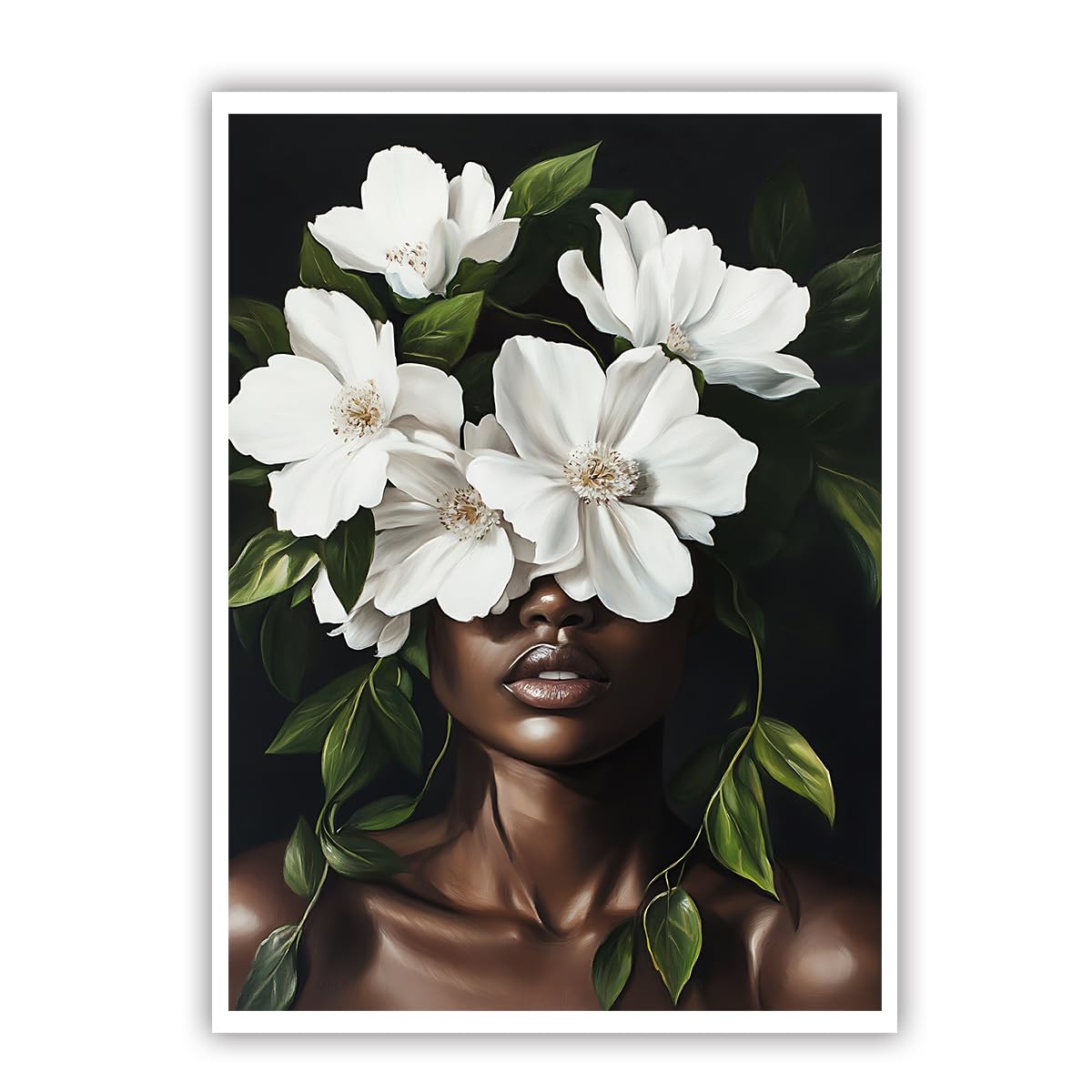 CHERHERART Canvas Wall Decor Picture Black Woman White Flowers Canvas Prints Poster Botanical Beauty Portrait Wall Art for Dining Room Bedroom 70x110cm Frameless
