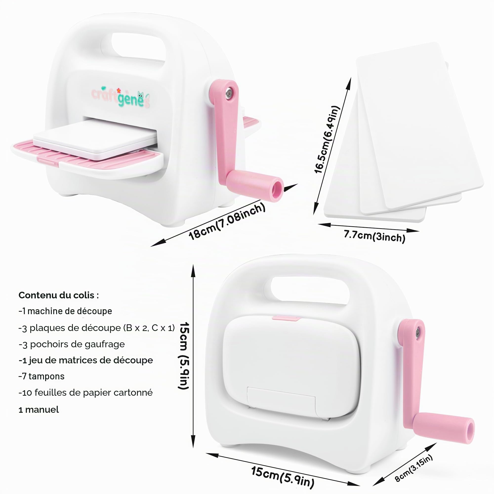 CraftGenes Mini machine de découpe et de gaufrage avec kit de démarrage, fente d'alimentation de 8,5 cm pour papier de 7,6 cm, comprend 24 accessoires pour loisirs créatifs, fabrication de cartes et
