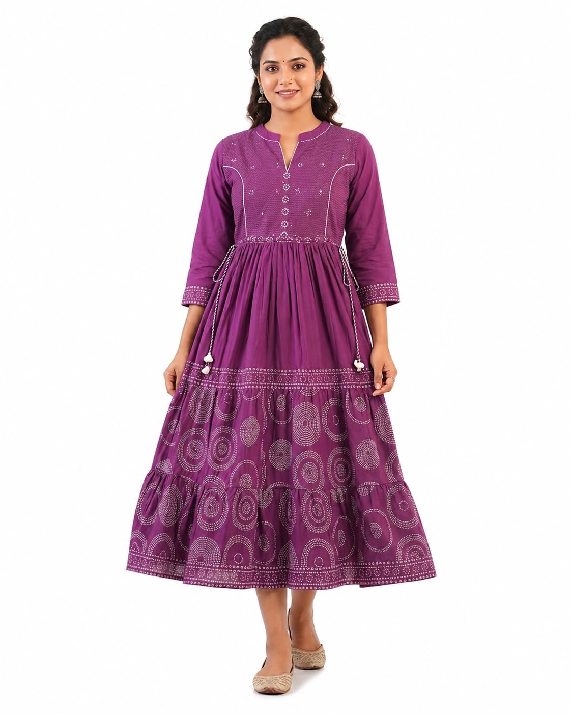 Women's Pure Cotton Purple Bandhani Print Anarkali Kurta Tiered Flared Ethnic Midi Dress with Mandarin Collar & 3/4 Sleeves-image-13