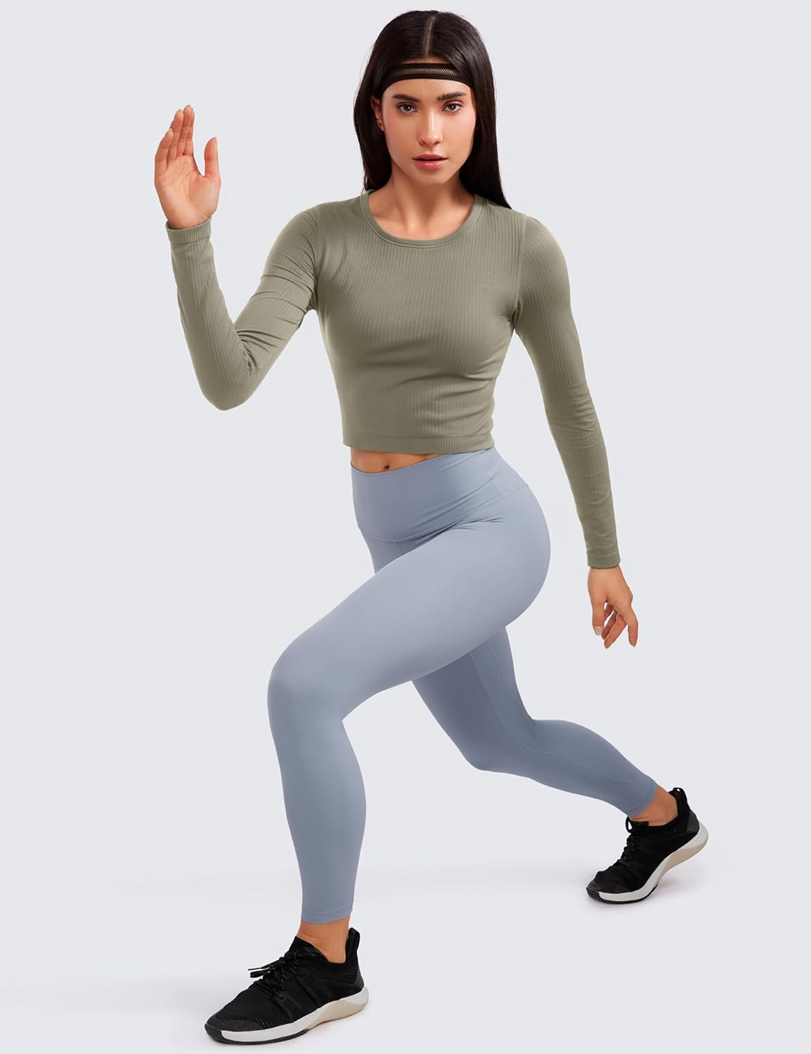 CRZ YOGA Seamless Ribbed Double Lined Long Sleeve Crop Tops for Women Crew Neck Athletic Workout Basic Cropped Fitted Shirts - Image 3
