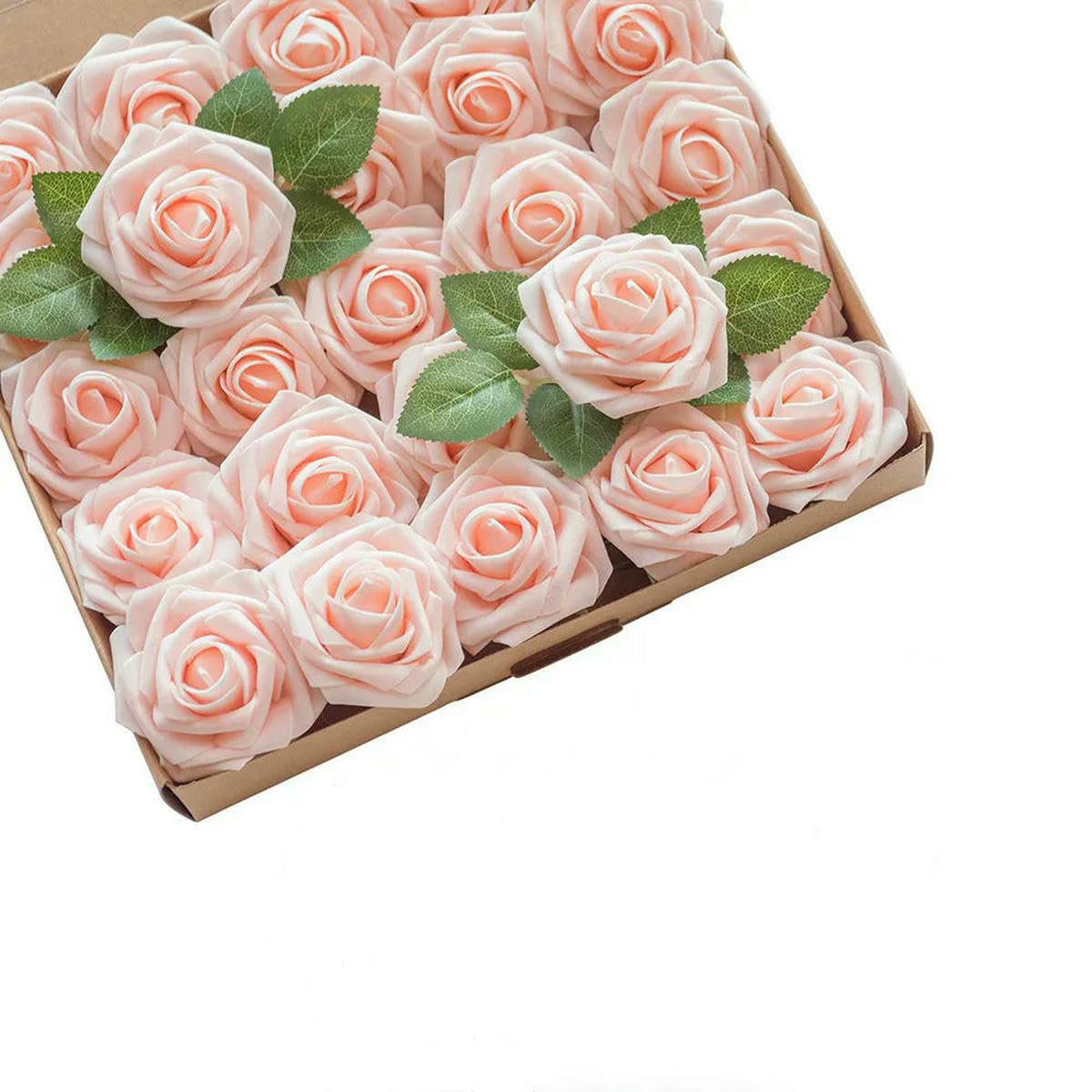 AYHTUD 10~100pcs Rose Artificial Flowers Foam Fake Roses Wedding Bouquets Centerpieces Mothers Day Valentines Party Decoration-Champagne pink-100pcs no box leaves
