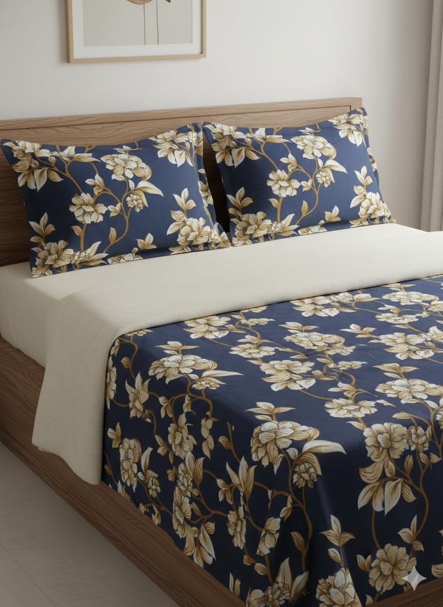 Luxury Printed Double Bedspread Set - Heavy Glace Cotton Bedsheet (90 x 100 Inches) with 2 Pillow Covers | 210 TC Soft Feel Floral/Geometric Print | Fade-Resistant & Quality Stitched (Navy Blue)