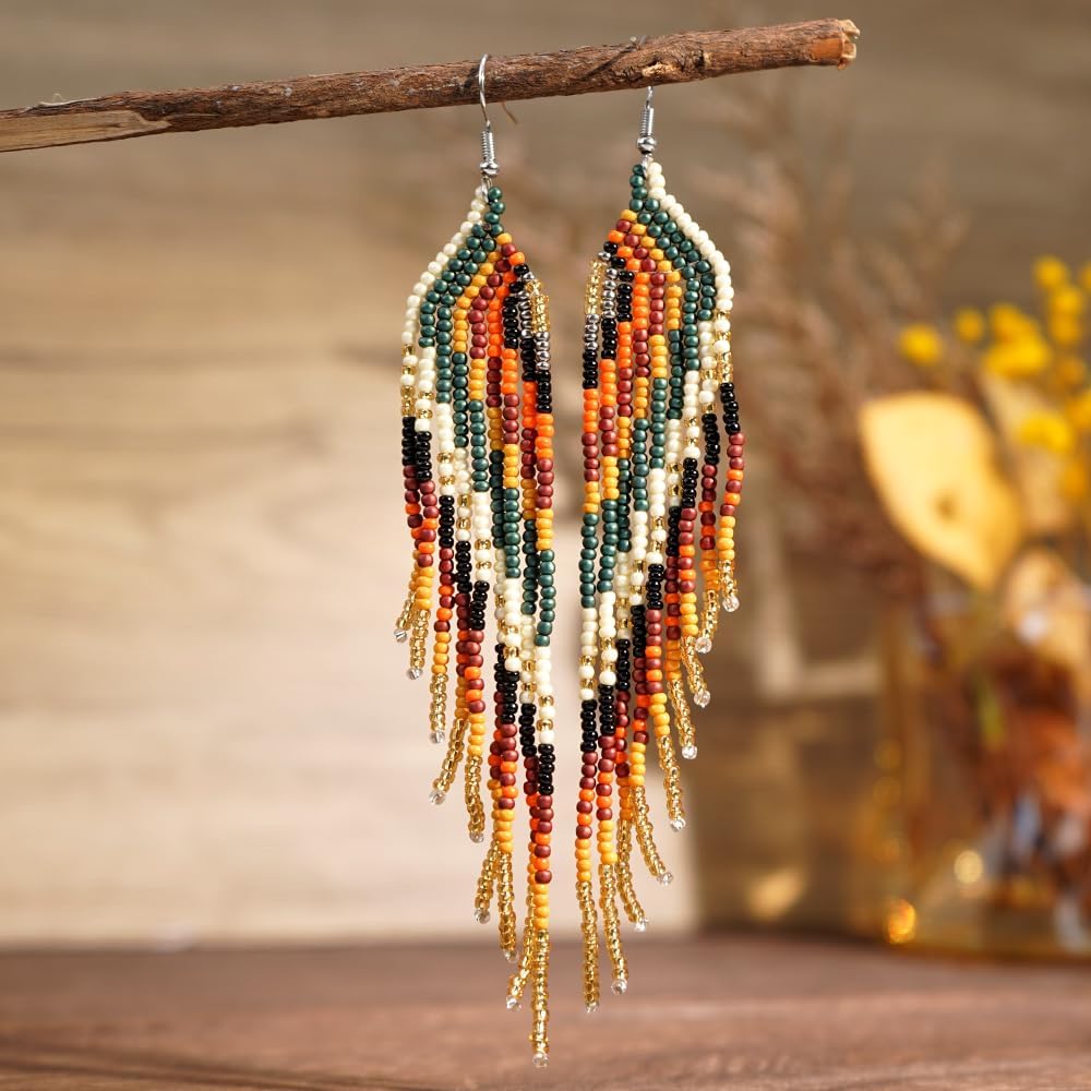 Handmade Seed Bead Earrings for Women-Large Long Tassel Fringe Dangle, Ethnic Tribal Statement Jewelry with Gold Hypoallergenic Hooks, Holiday, Summer Beach&Daily Gift