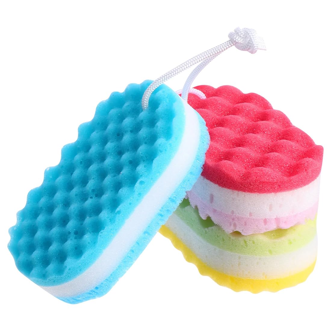 Esponja de espuma de baño suave Exfoliante Esponja de ducha corporal Esponjas de fibra de doble cara con 3 colores diferentes para mujeres y hombres Suministros de limpieza corporal (3)