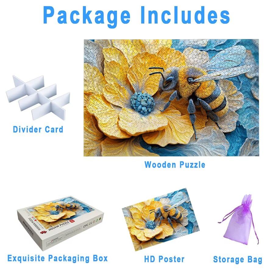 Puzzle 1000 Teile Blume, Biene Puzzle 1000 Teile Erwachsene, Holzpuzzle Erwachsene mit Exquisiter Verpackungsbox, Klassische Puzzles für Die Ganze Familie, Holzpuzzle für Geschenke, Zimmer Deko, -7210