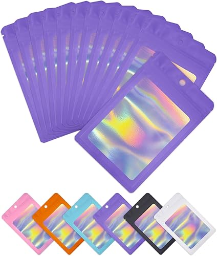 Bolsas resellables de embalaje holográficas, 300 unidades, color morado con ventana transparente para almacenamiento de alimentos, pequeñas empresas
