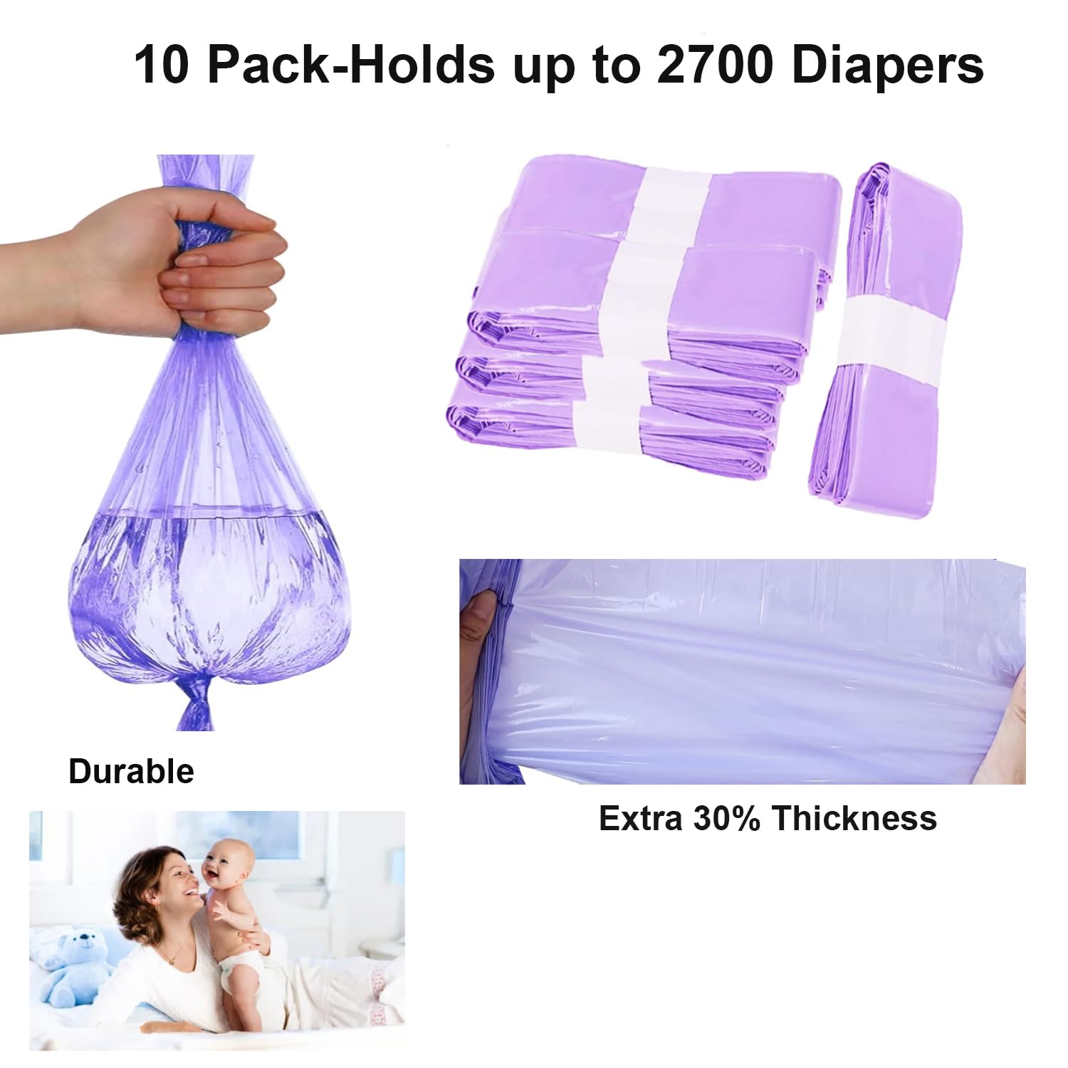 10 Pack Nappy Bin Refills Bags, Diaper Pail Refill Bags, Scented Refills Diaper Pail Disposal Sacks Holds 2700 Diapers - Image 3