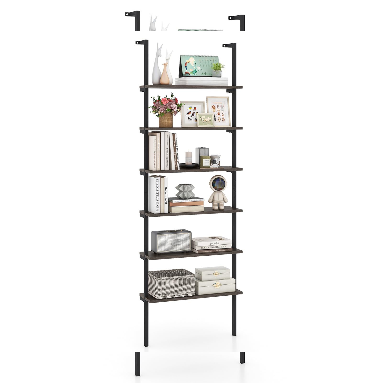 GOPLUS Estantería de Pared de 6 Niveles, Librería de Escalera con Estructura de Metal y Dispositivos Antivuelco, Estante de Exhibición Moderno para Salón Dormitorio Oficina, 60x20x183cm (Gris)