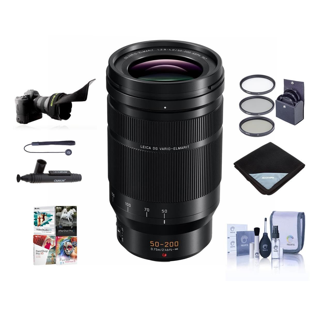 Panasonic Lumix G Leica DG Vario-Elmarit 50-200mm F/2.8-4 Aspheical Lens for Micro 4/3 - Bundle with 62mm Filter Kit, Lens Wrap, Cleaning Kit, Flex