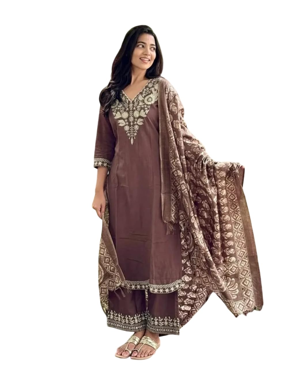Women's Cotton Embroidered Straight Kurti With Pant And Ajrakh Dupatta Set (Brown)-picture-54