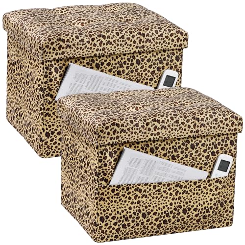 Image of Bsketa Storage Ottoman, 17 inch Folding Velvet Foot Rest,Leopard Print 2 Pack | Small Ottoman with Side Pockets, Thicker Foam Padded Seat, Livingroom, Dorm, Bedroom, Easy to install, 43L,17x13x13in
