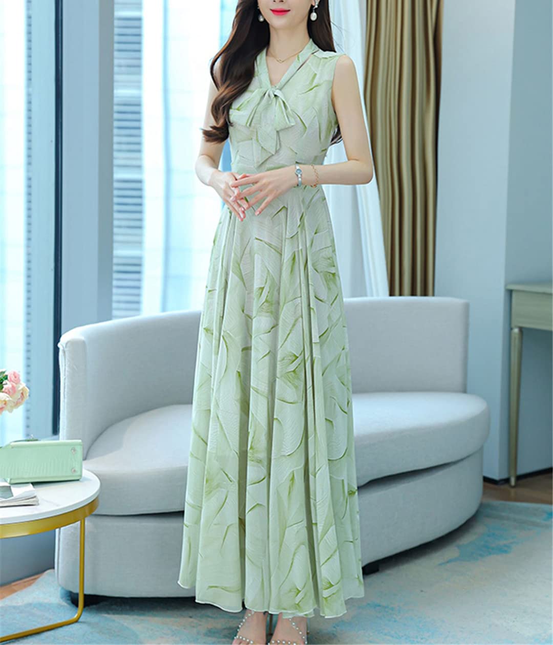 Abito estivo da donna, in chiffon, alla moda, senza maniche, elegante, casual, maxi abito floreale per feste in spiaggia
