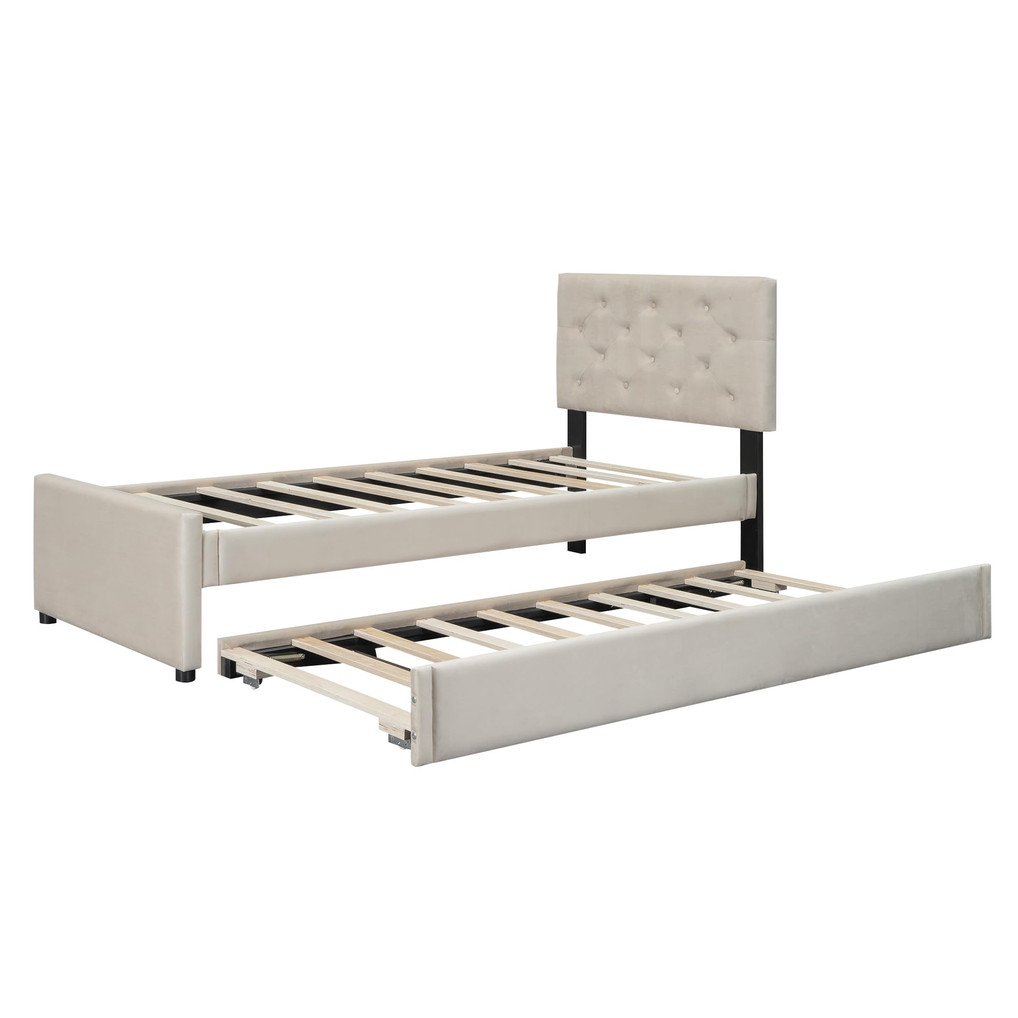 Azkoeesy Cama tapizada con Cama Nido, Patas Plegables, Convertible en Cama de Matrimonio, con somier, capitoné con Botones, Funda de Terciopelo, 90x200 cm + 90x190 cm, Beige
