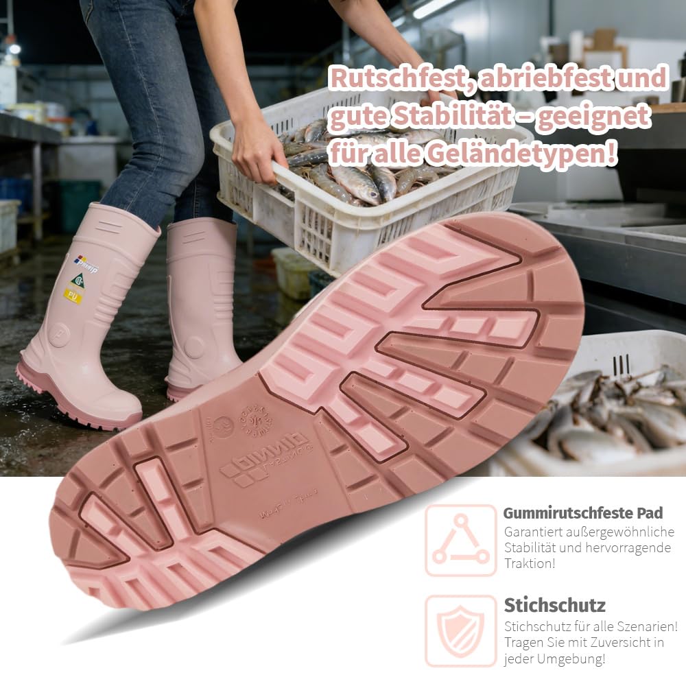 S5 Sicherheitsstiefel Damen – Leichte PU Gummistiefel mit Stahlkappe & Durchtrittschutz, Wasserdicht & Rutschfest für Bau & Agrar, CE