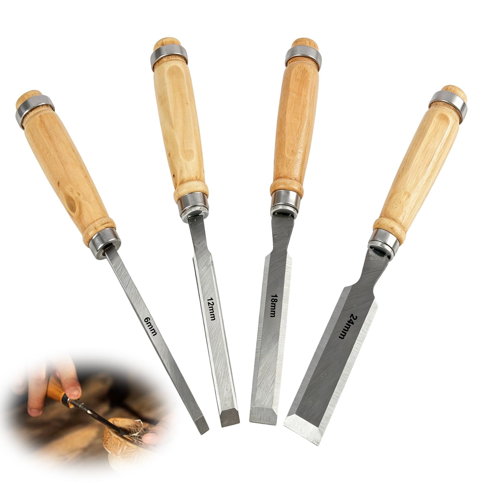 4 Piezas Cinceles para Madera con Medidas de 6, 12, 19, 24 mm, Cinceles de Acero al Carbono Endurecido, Juego de Cinceles para Carpintería, Herramientas de Carpintería y Tallado
