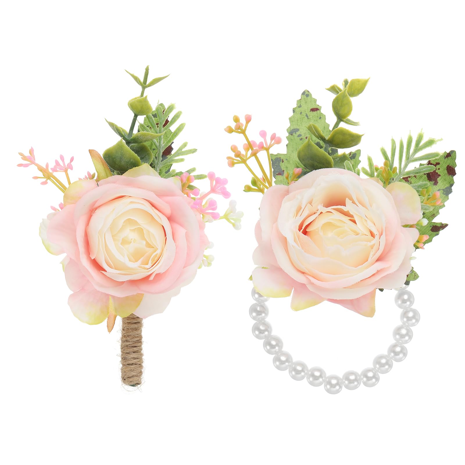 PATIKIL Rose Wrist Corsage and Boutonnieres Set, 2 Pcs Wedding Flower Wristlet Band Bracelet Hand Flowers Tether Accessories for Men Women Bachelor Party Prom Homecoming, Light Pink