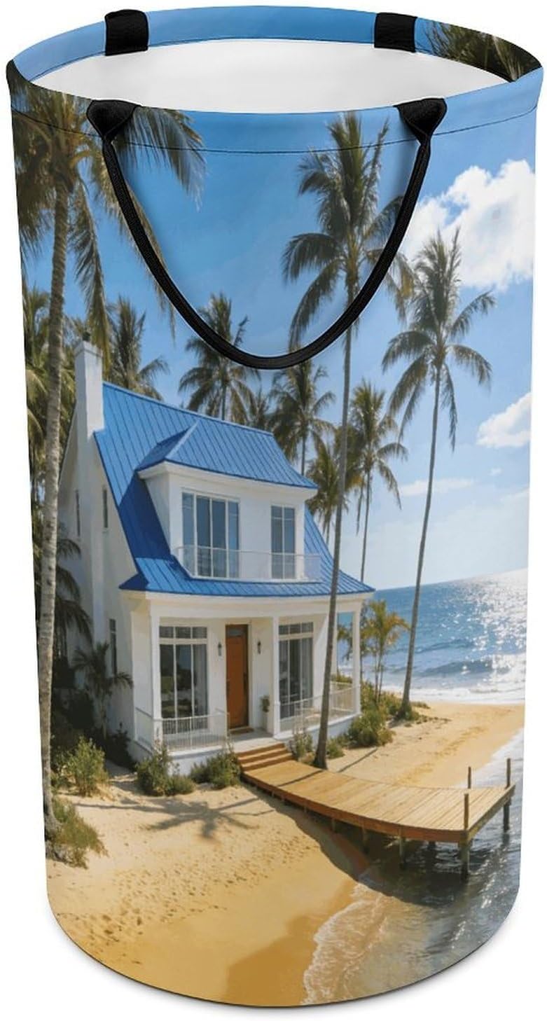 Blue Sea White House Laundry Hamper 86L Waterproof Collapsible Clothes Basket with Double Handles Freestanding Foldable Laundry Basket Large Clothes Hamper for Bathroom