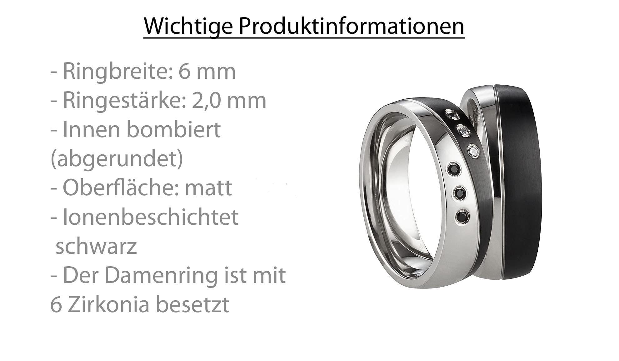 Partnerringe & Eheringe aus Edelstahl mit 6 Zirkonia (3 schwarz & 3 weiß) – Paar Verlobungsringe/Hochzeitsringe/Freundschaftsringe inkl. Gravur | Modell 3140