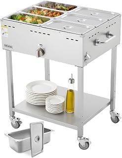 VEVOR 6-Pan Commercial Propane Steam Table, LP Gas Outdoor Soup Warmer with Drain Valve and 3" Wheels, Stainless Steel Propane Food Warmer with Adjustable Temperature, for Restaurant Outdoor Camping